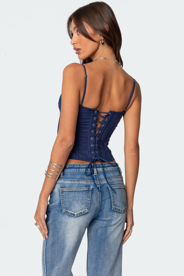 Edikted Avena Linen Look Lacey Corset Navy