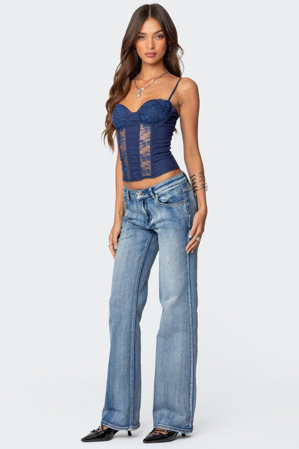 Edikted Avena Linen Look Lacey Corset Navy