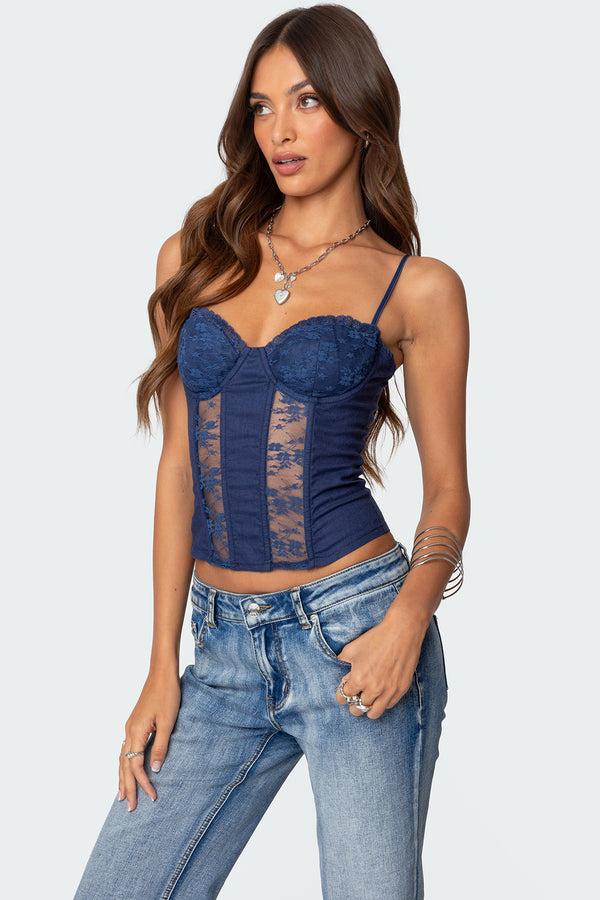 edikted Avena Linen Look Lacey Corset navy