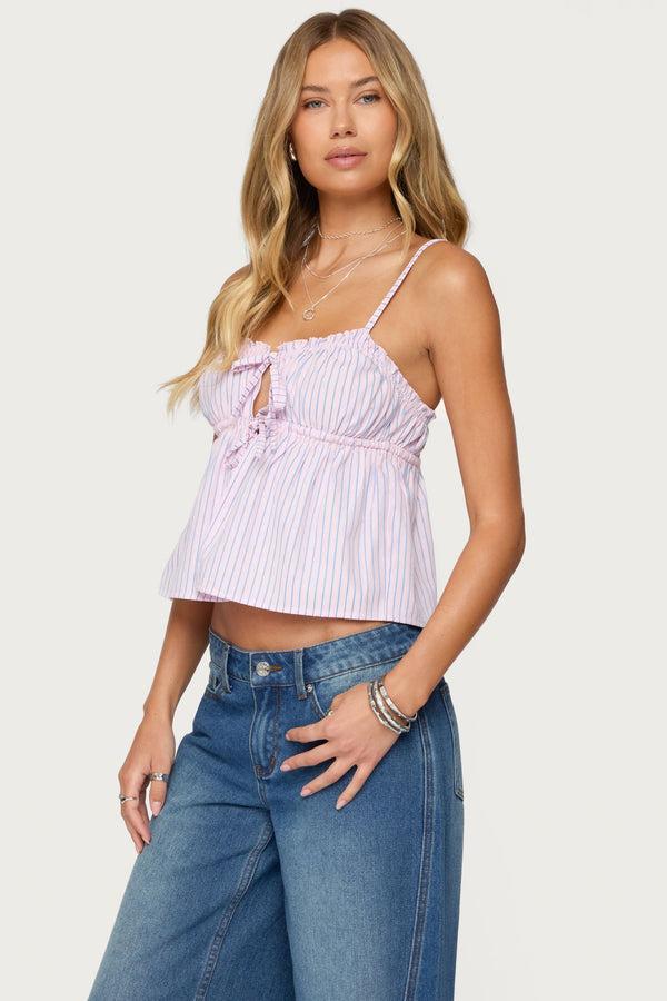 Edikted Avenly Striped Tie Front Babydoll Top Pink