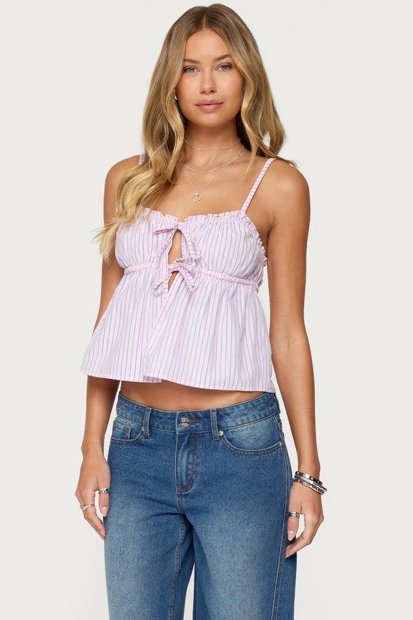 edikted Avenly Striped Tie Front Babydoll Top pink