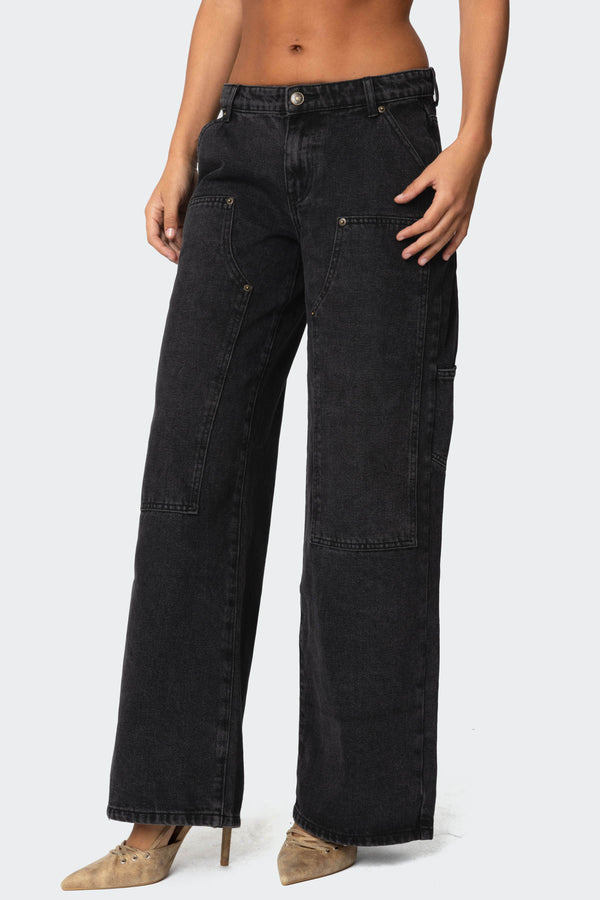 Edikted Ayla Low Rise Carpenter Jeans Black Washed