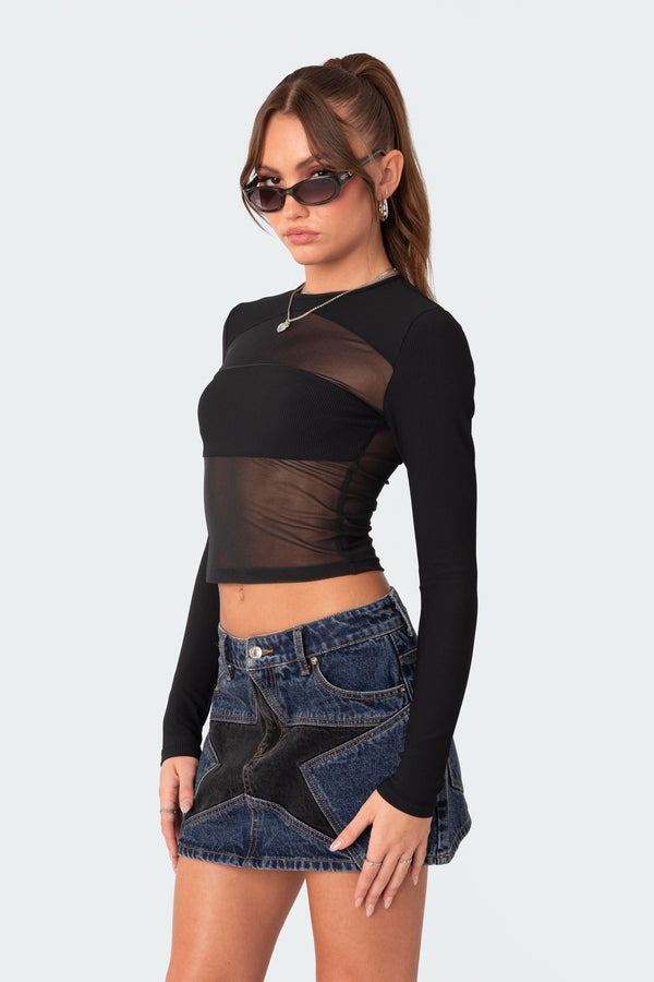 Edikted Azal Half Ribbed Mesh Top Black