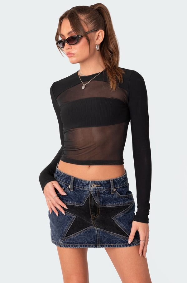 edikted Azal Half Ribbed Mesh Top black