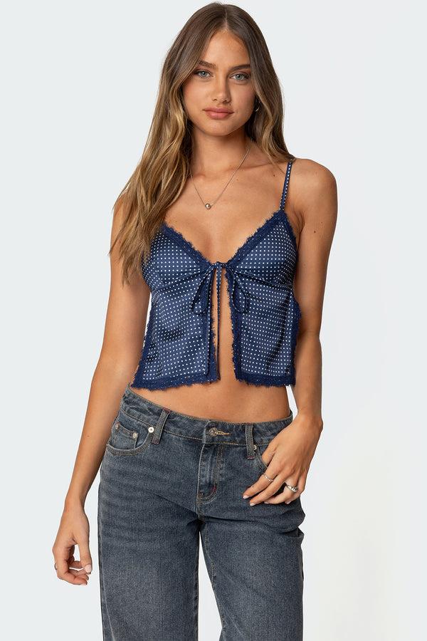 edikted Backless Satin Effect Polka Dot Top navy