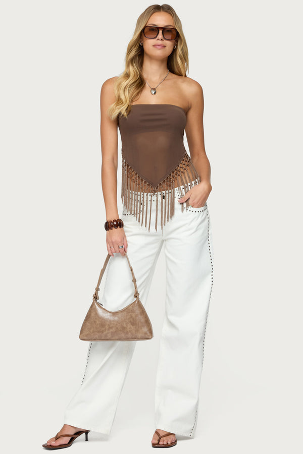 Edikted Backless Sheer Mesh Strapless Top Brown