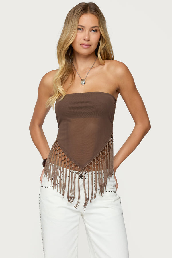 edikted Backless Sheer Mesh Strapless Top brown