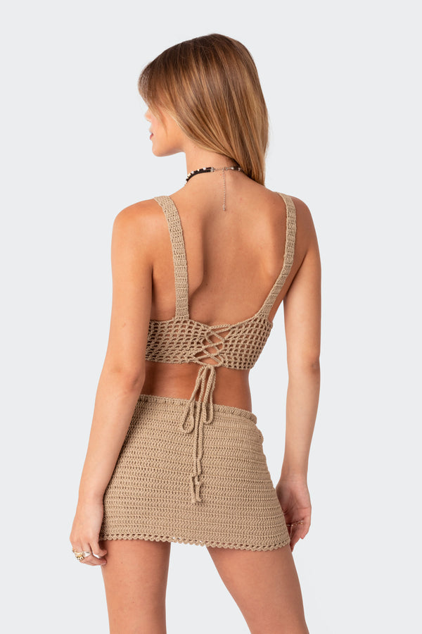 Edikted Baeside Crochet Lace Up Top Camel
