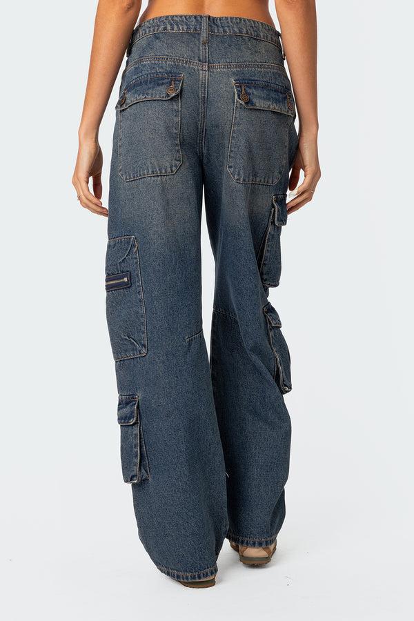 Edikted Baggy Boyfriend Cargo Jeans Blue Washed