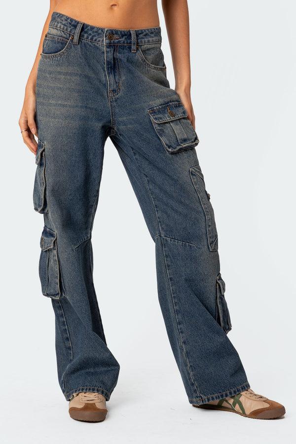 Edikted Baggy Boyfriend Cargo Jeans Blue Washed