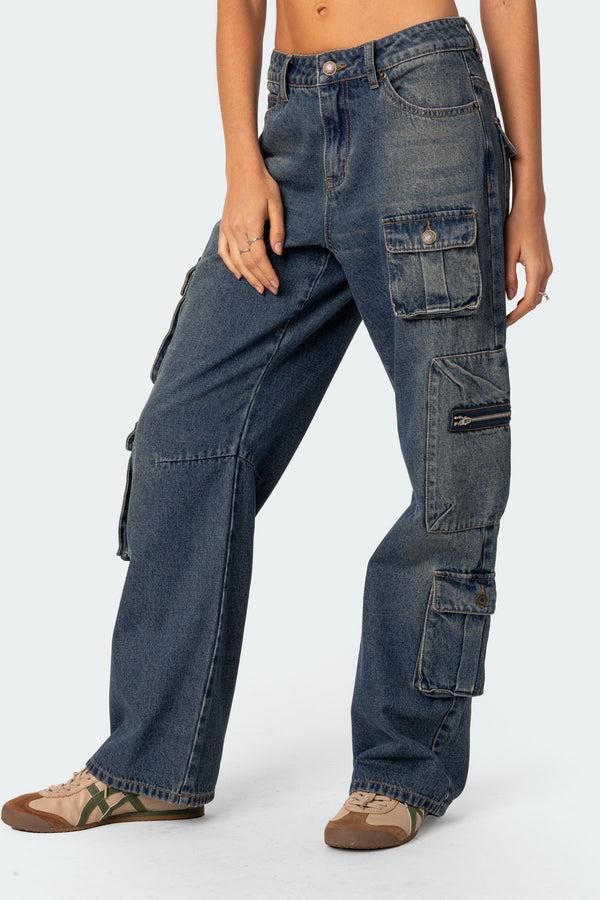 Edikted Baggy Boyfriend Cargo Jeans Blue Washed