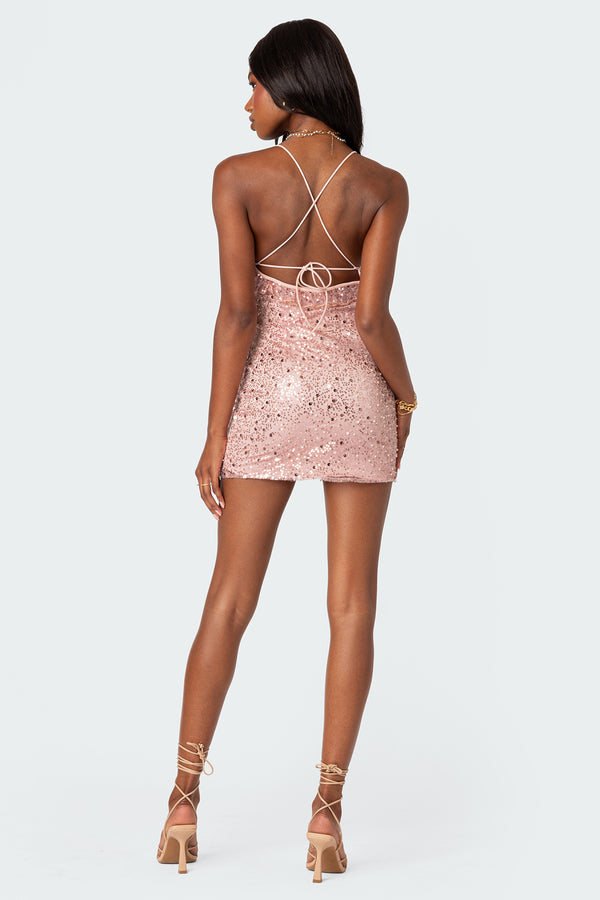 Edikted Ballerina Lace Up Sequin Mini Dress Pink