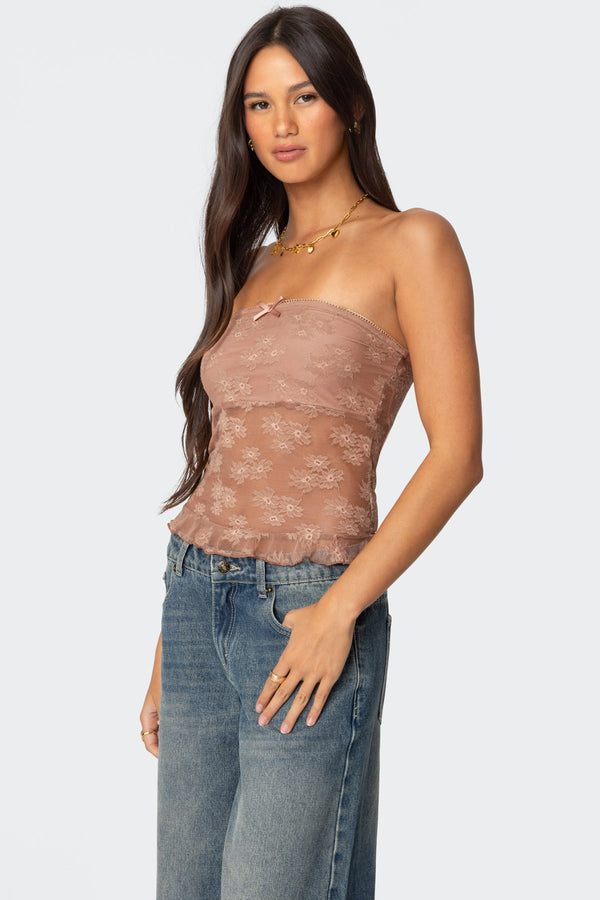 Edikted Ballet Sheer Lace Tube Top Brown