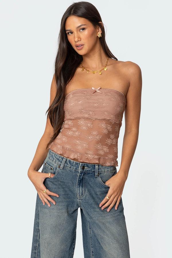 edikted Ballet Sheer Lace Tube Top brown