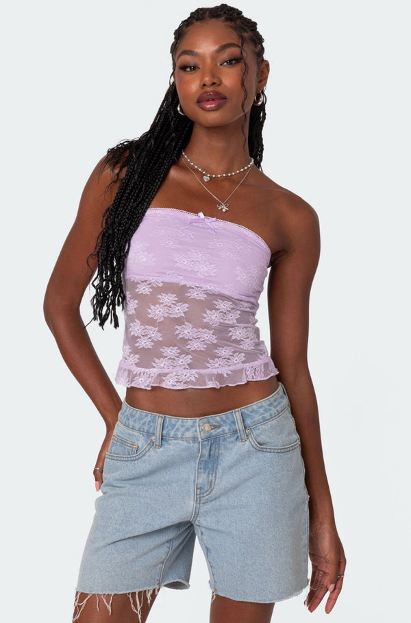 edikted Ballet Sheer Lace Tube Top lilac
