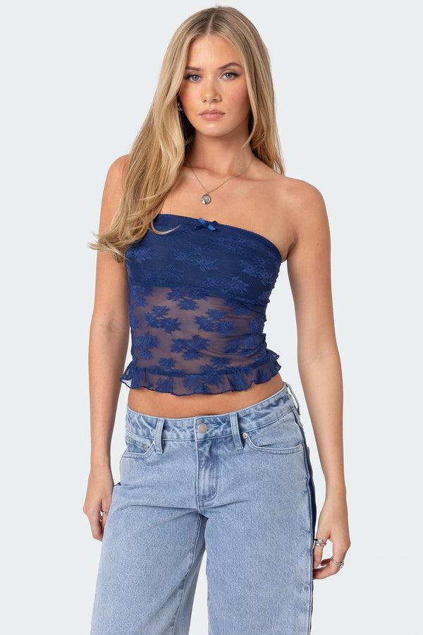 edikted Ballet Sheer Lace Tube Top navy
