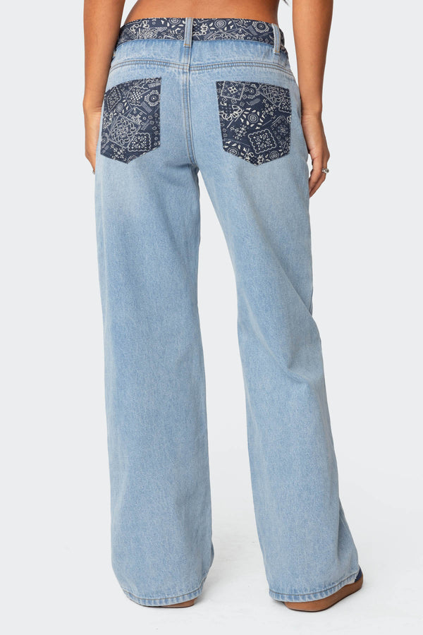 Edikted Bandana Bliss Low Rise Jeans Blue Washed