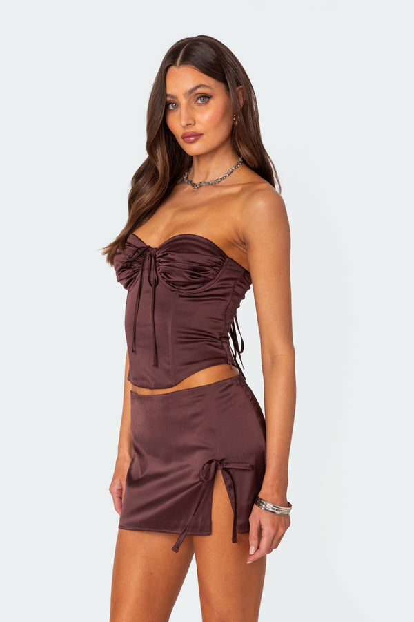 Edikted Bea Satin Effect Lace Up Corset Brown