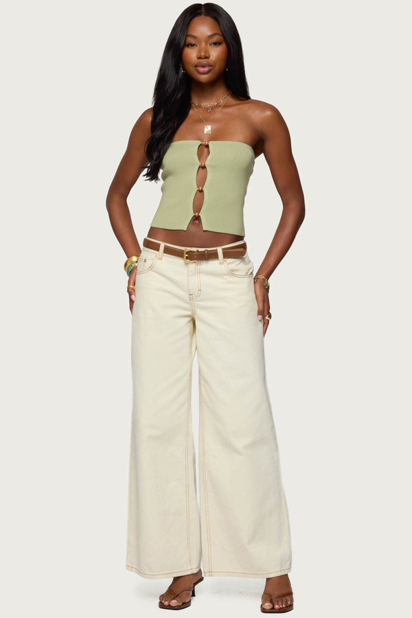 Edikted Bead Cut Out Strapless Knit Top Sage