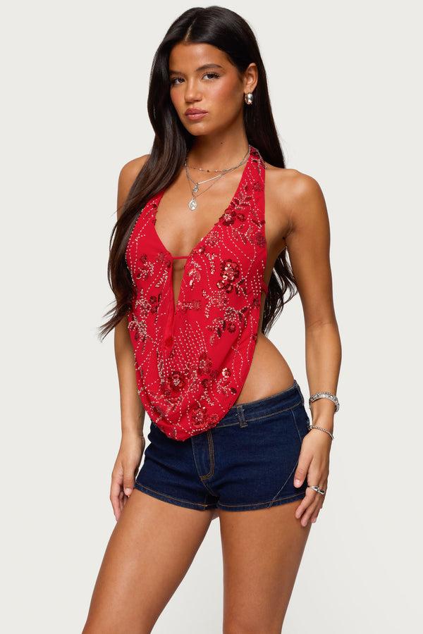 Edikted Beaded Chiffon Backless Cowl Neck Top Red
