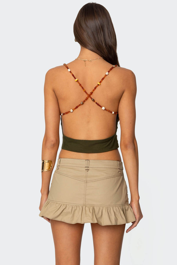 Edikted Beaded Deep Cowl Neck Backless Top Green