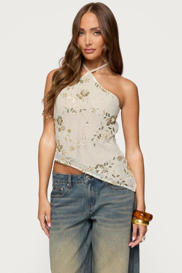 edikted Beaded Sequin Asymmetric Halter Top beige
