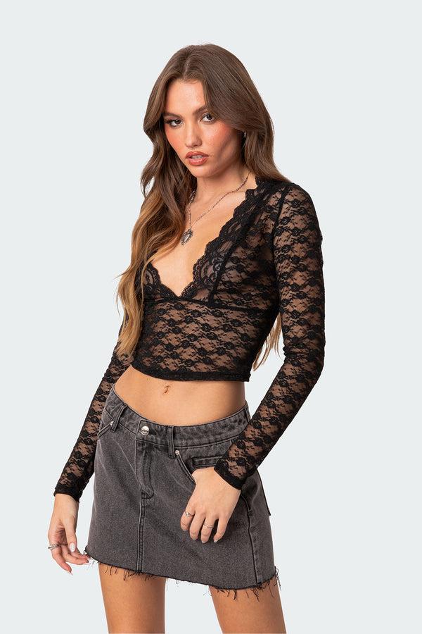 Edikted Beck Plunge Neck Sheer Lace Top Black