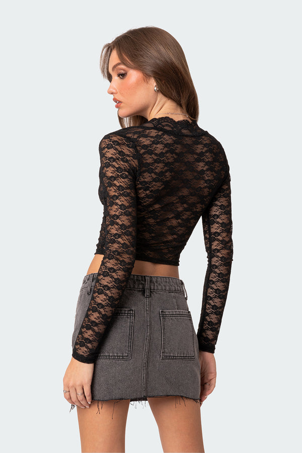 Edikted Beck Plunge Neck Sheer Lace Top Black