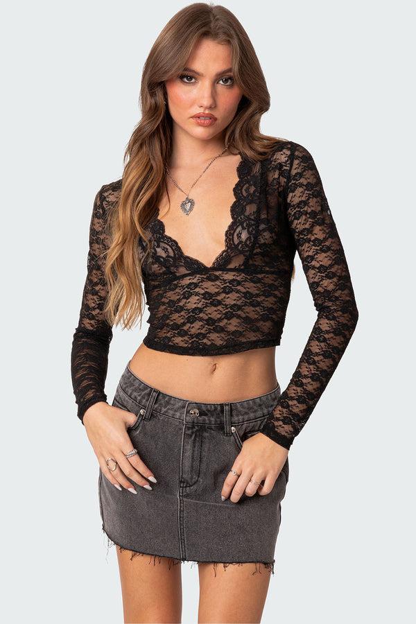 edikted Beck Plunge Neck Sheer Lace Top black
