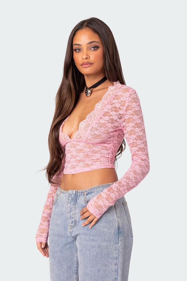 Edikted Beck Plunge Neck Sheer Lace Top Pink