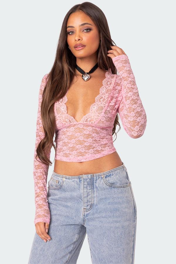 edikted Beck Plunge Neck Sheer Lace Top pink