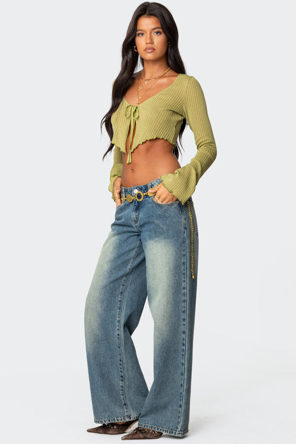 Edikted Bekkah Ribbed Knit Tie Front Top Olive