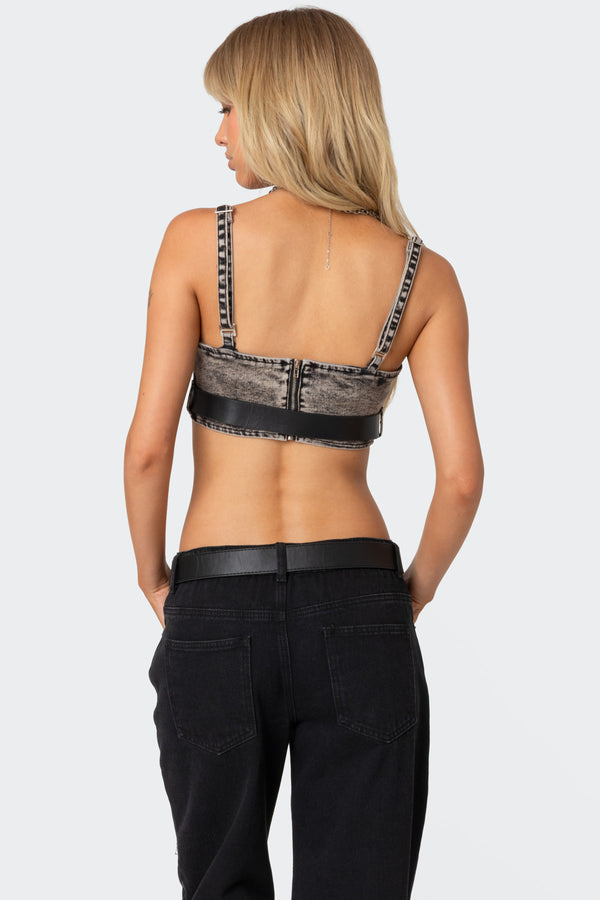 Edikted Belted Denim Crop Top Dark Gray