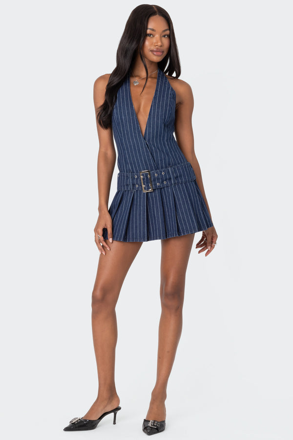 Edikted Belted Pinstripe Denim Mini Dress Navy
