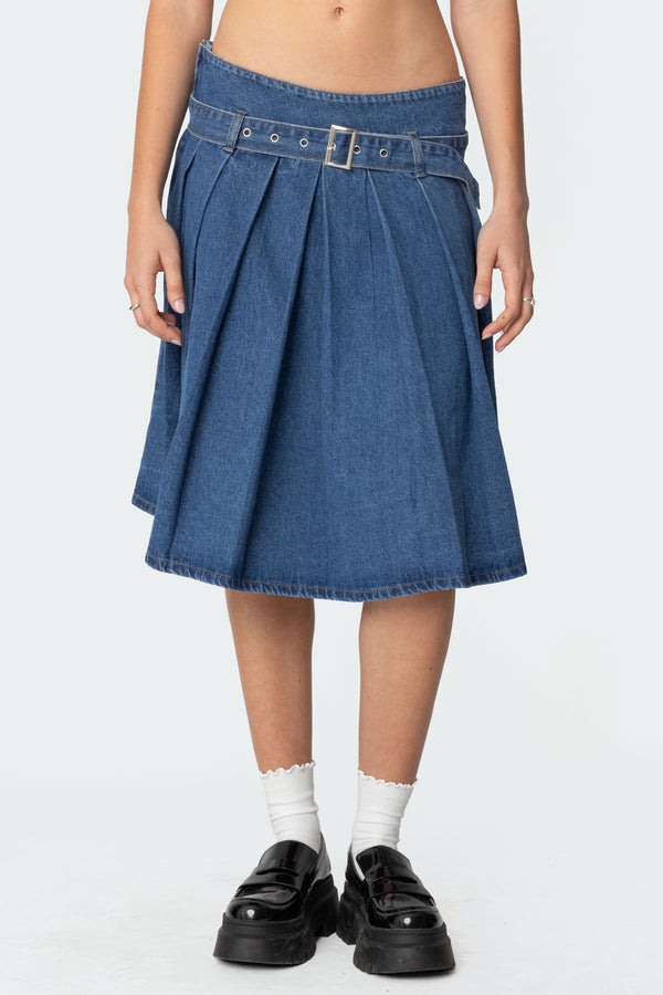 Edikted Belted Pleated Denim Midi Skirt Blue