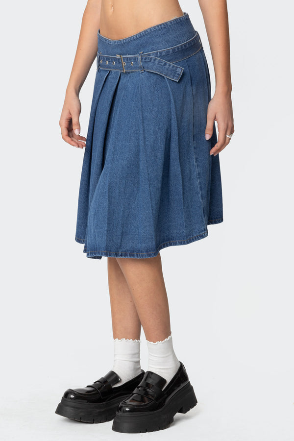 Edikted Belted Pleated Denim Midi Skirt Blue