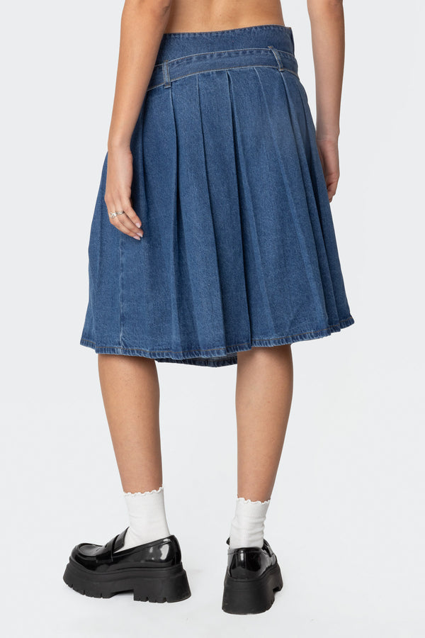 Edikted Belted Pleated Denim Midi Skirt Blue