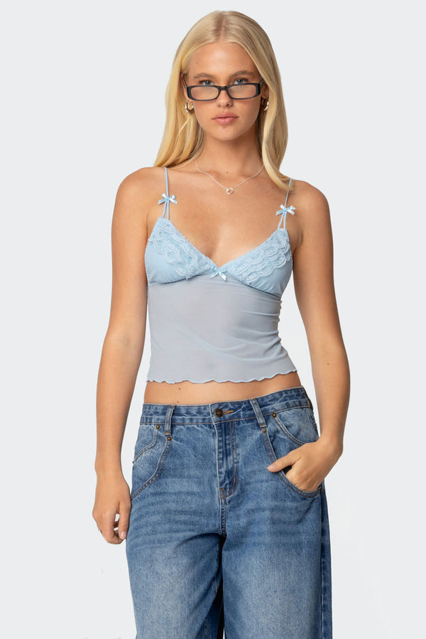 edikted Berkley Sheer Mesh Lacey Top light blue