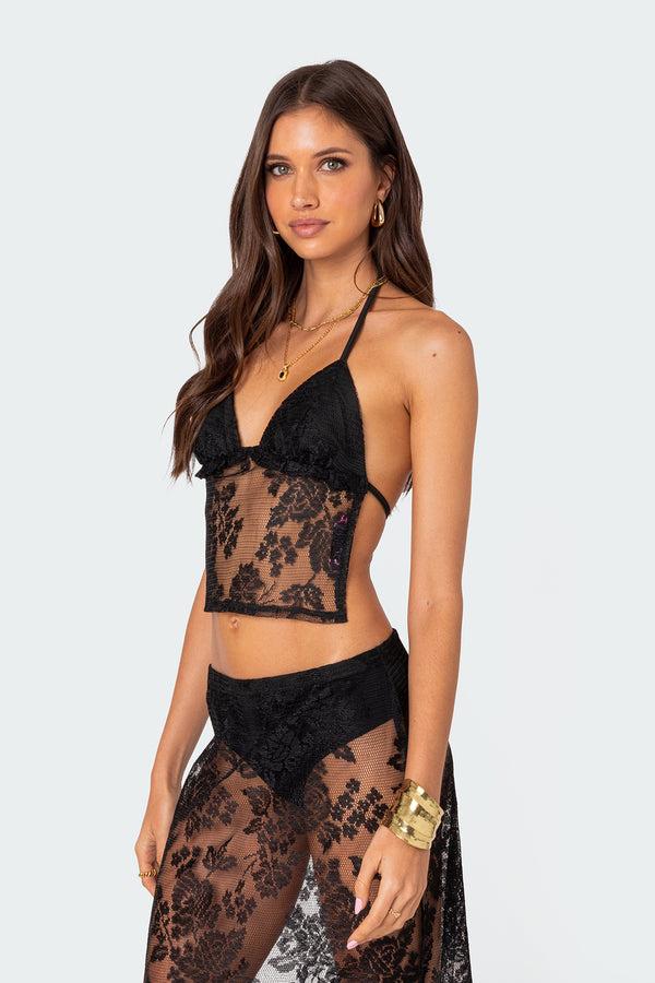 Edikted Bess Open Back Sheer Lace Top Black