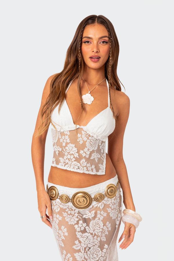 Edikted Bess Open Back Sheer Lace Top White
