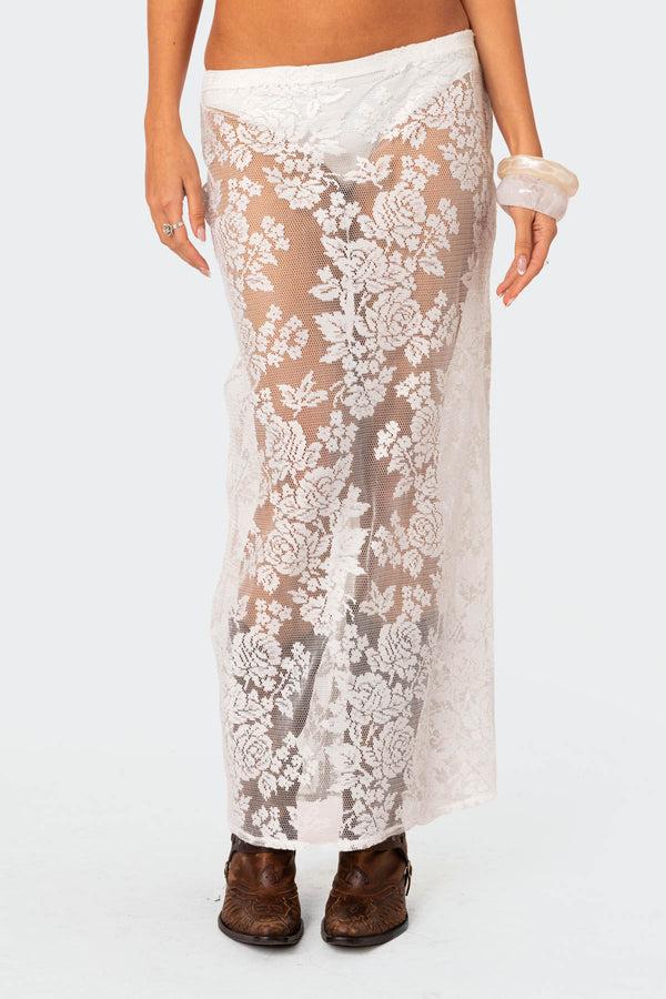 Edikted Bess Sheer Lace Maxi Skirt White