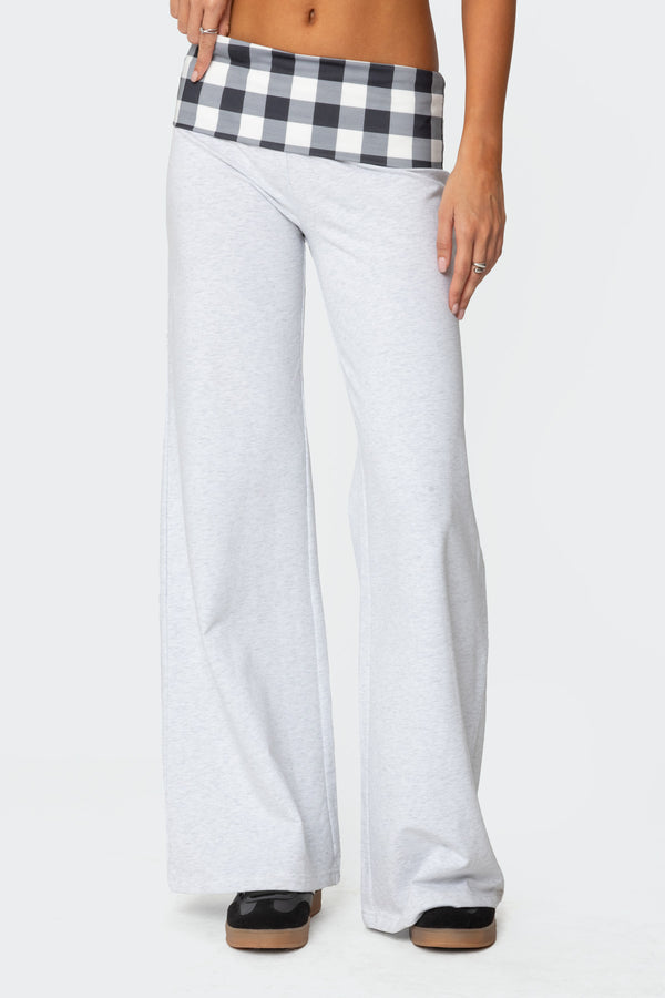 Edikted Beth Gingham Fold Over Pants Light Gray