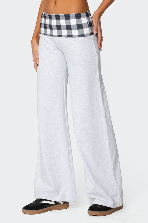 Edikted Beth Gingham Fold Over Pants Light Gray