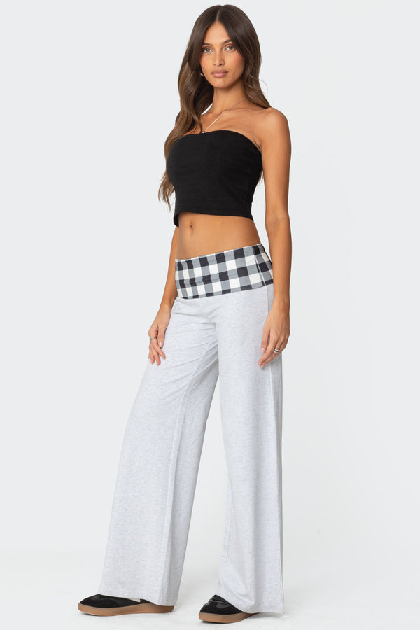 Edikted Beth Gingham Fold Over Pants Light Gray