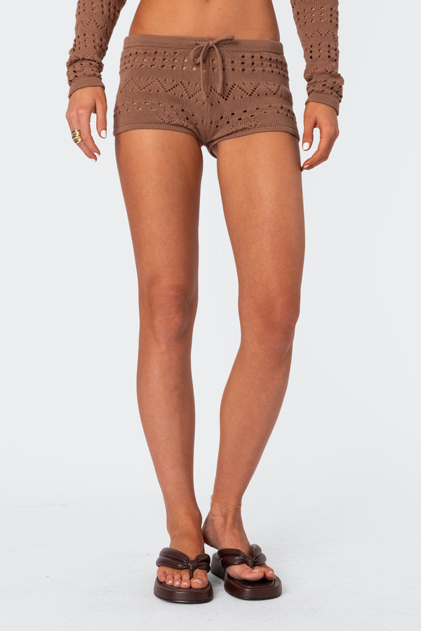Edikted Betsy Tie Front Knitted Shorts Brown