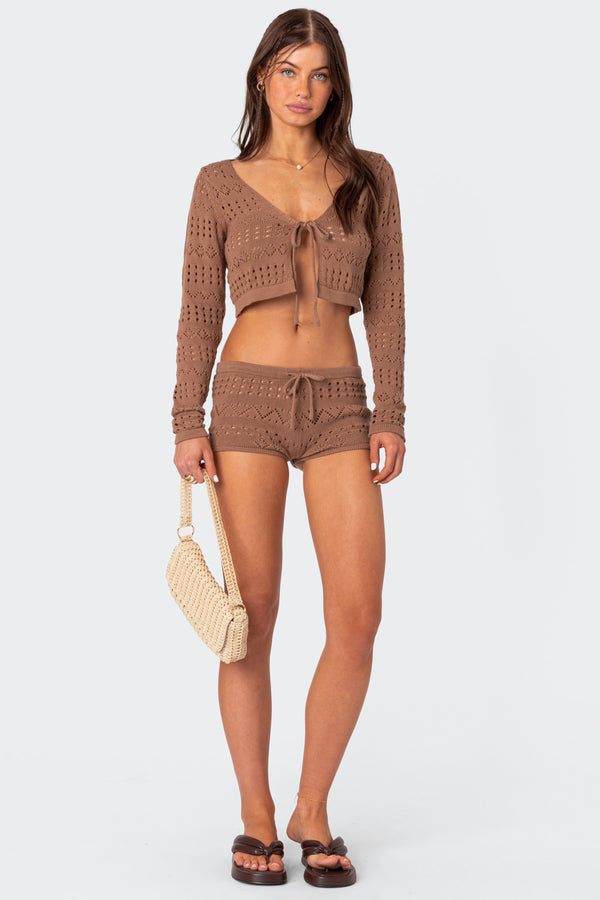 edikted Betsy Tie Front Knitted Shorts brown