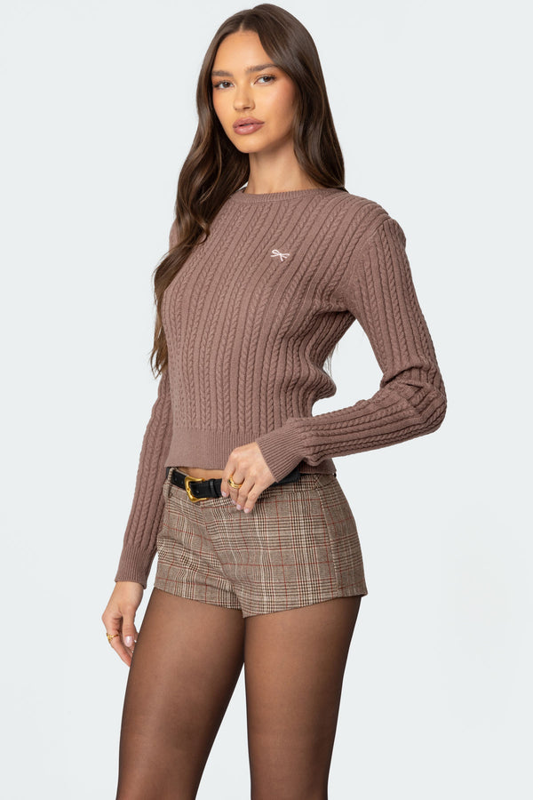 Edikted Beverly Bow Cable Knit Sweater Brown