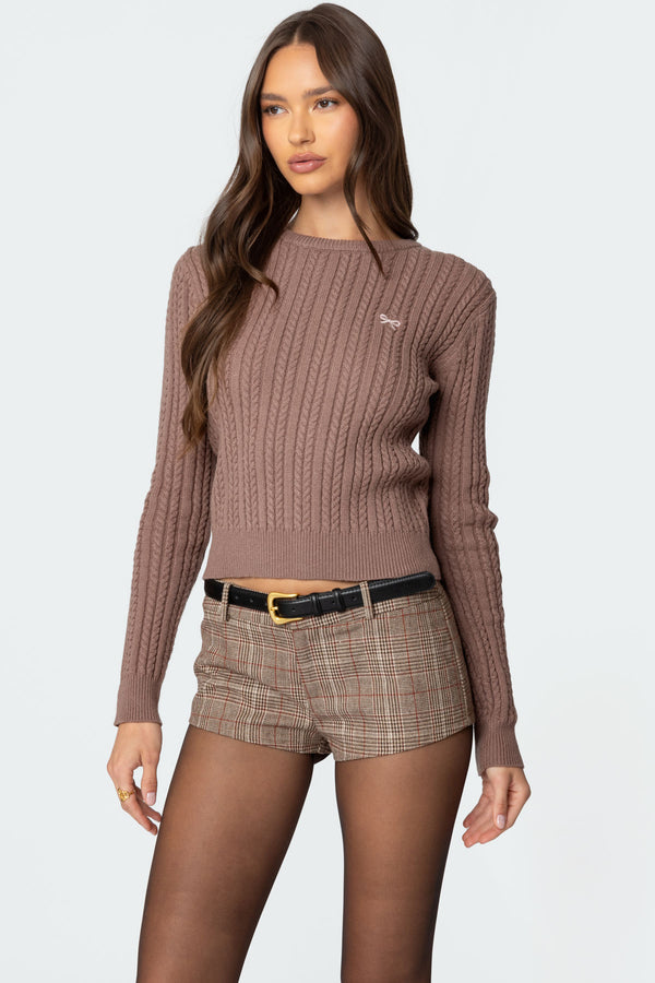 edikted Beverly Bow Cable Knit Sweater brown