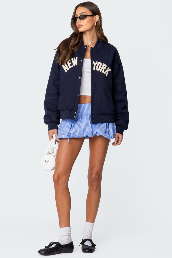 Edikted Big Apple Oversized Bomber Jacket Navy