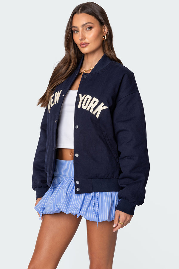 Edikted Big Apple Oversized Bomber Jacket Navy